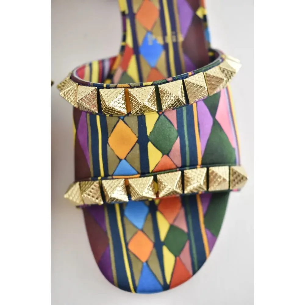 Christian Louboutin Pyramule 30 Multicolor Gold Stud Block Heel Mule Sandal 39